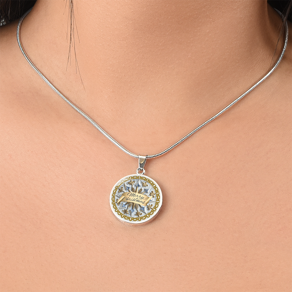 Light Blue with Gold Trim Merry Christmas Graphic Round Necklace