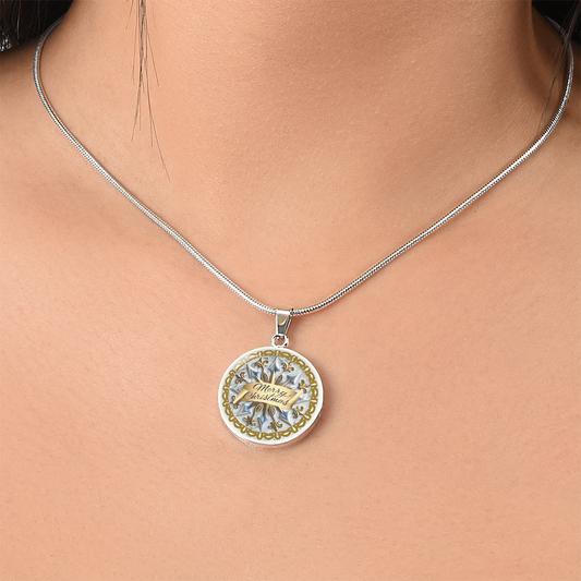 Light Blue with Gold Trim Merry Christmas Graphic Round Necklace