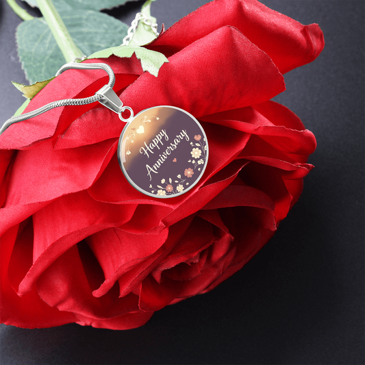 Happy Anniversary with Flowers Round Graphic Necklace