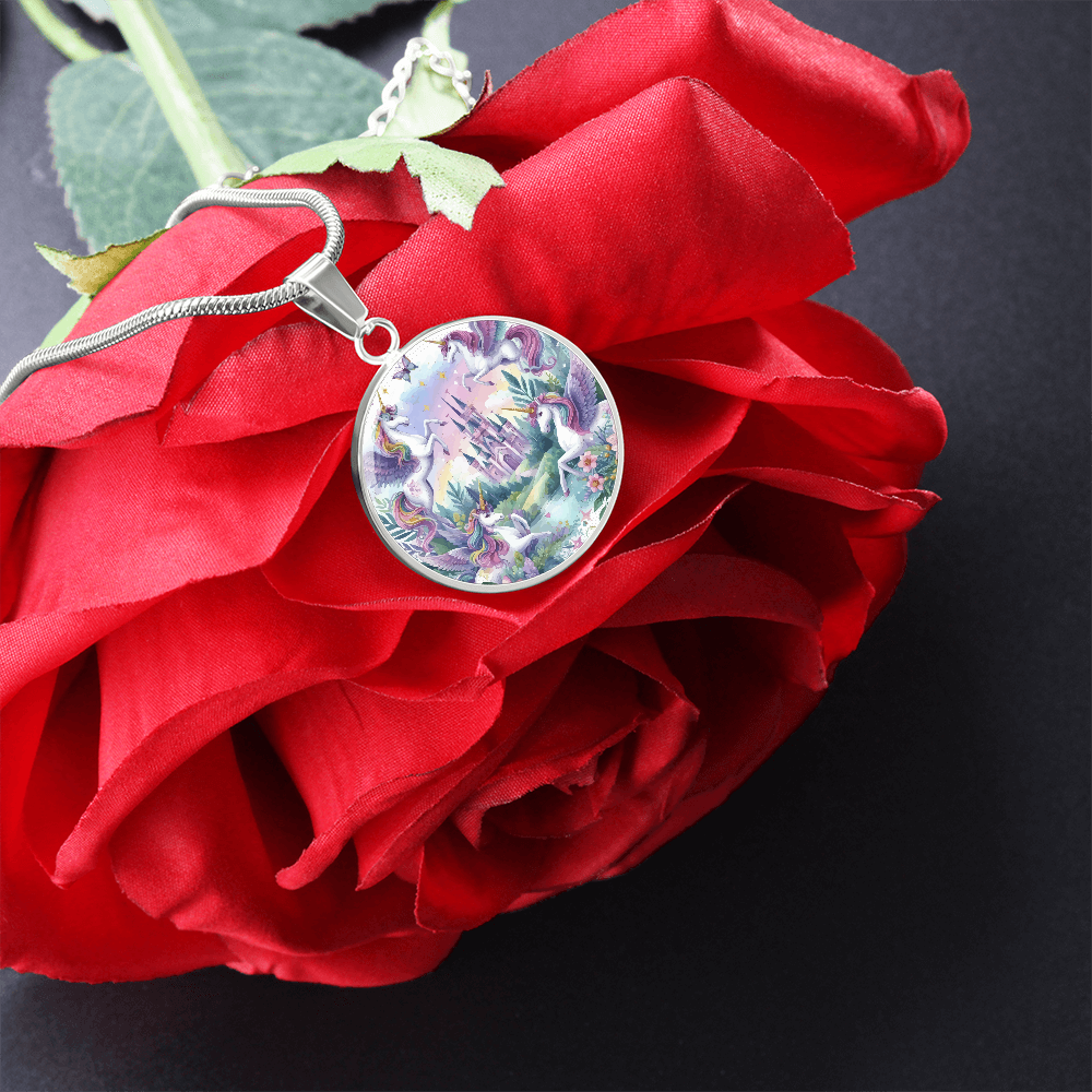 Purple Unicorns and Castle Graphic Circle Necklace