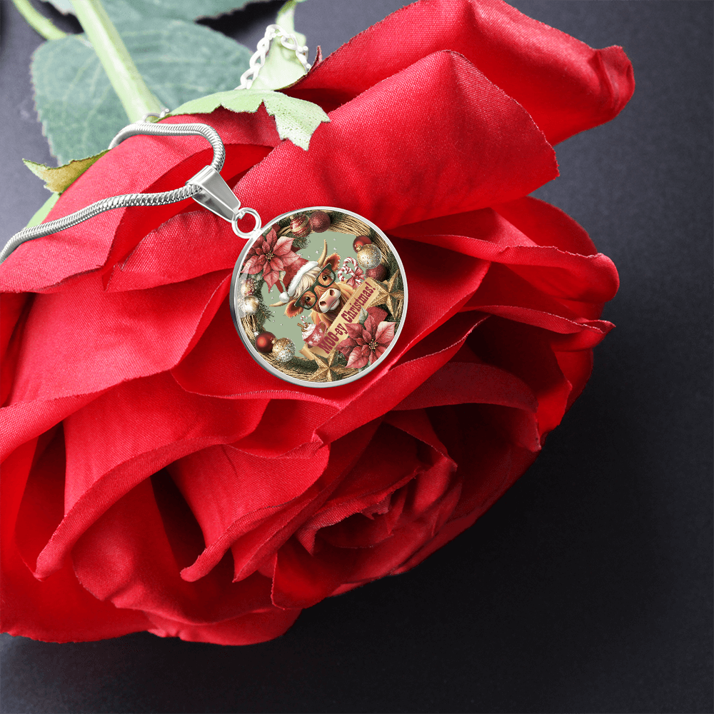 Moo-ey Christmas Highland Cow Luxury Graphic Round Necklace
