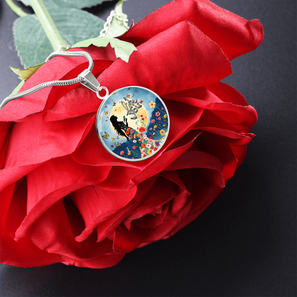 I Love You Beautiful Woman Under a Full Moon Graphic Round Necklace