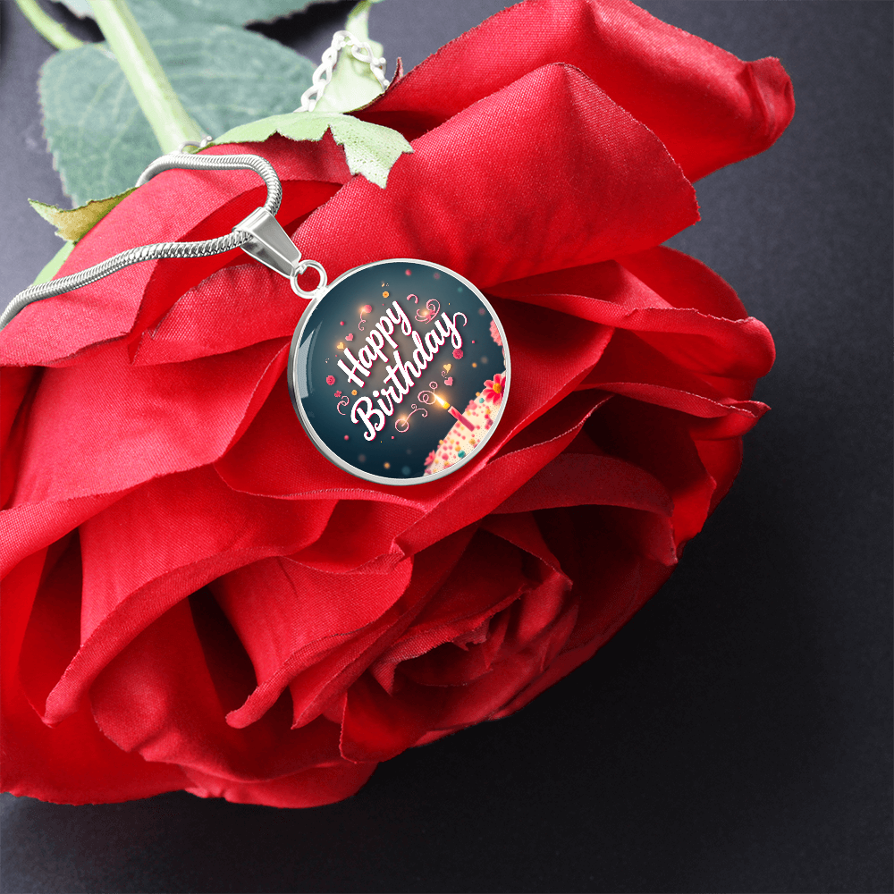 Happy Birthday Cake with Candle Circle Graphic Necklace