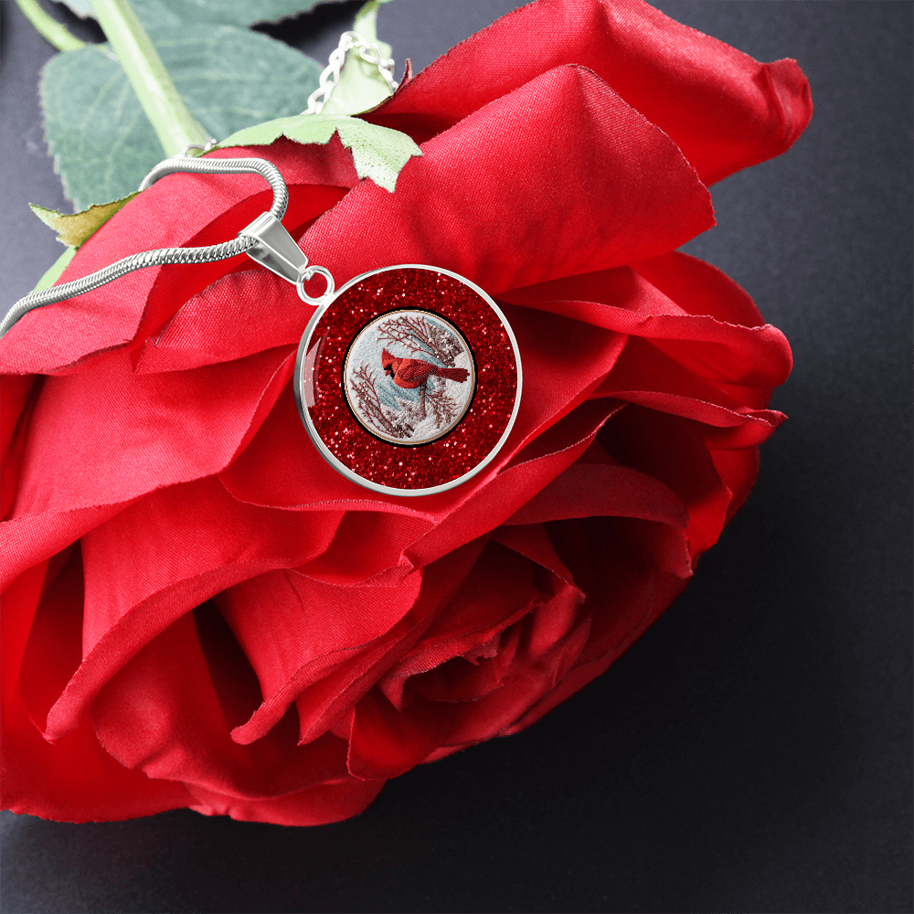 Red Bird in the Snow Faux Glitter Graphic Round Necklace