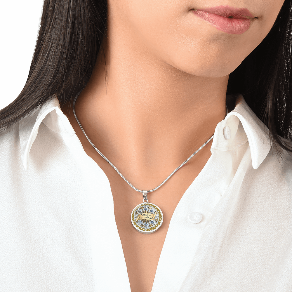 Light Blue with Gold Trim Merry Christmas Graphic Round Necklace