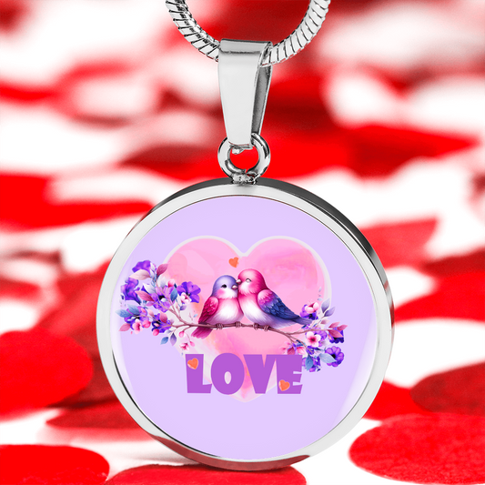 Love Birds in Love On Purple Circle Graphic Necklace