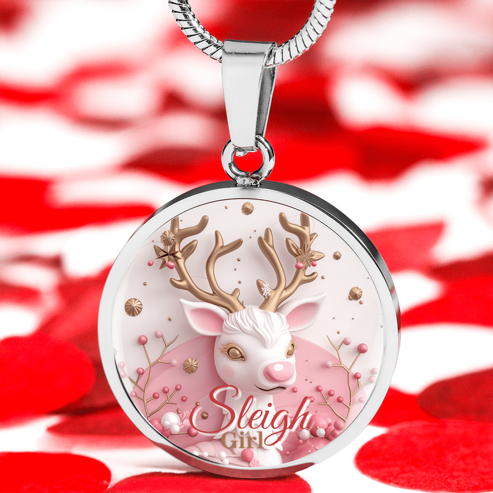Christmas Pink Sleigh Girl Cute Reindeer Graphic Round Necklace