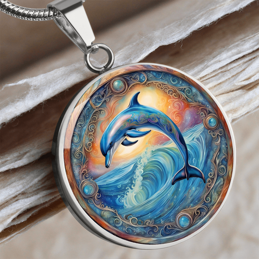 Playful Dolphin Circle Graphic Deluxe Necklace