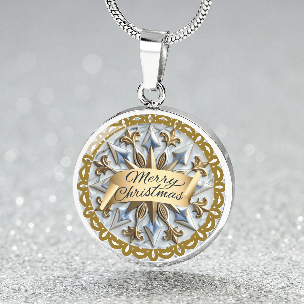 Light Blue with Gold Trim Merry Christmas Graphic Round Necklace