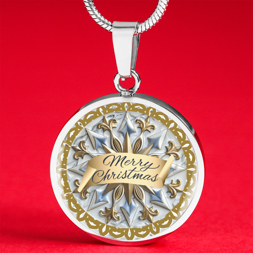 Light Blue with Gold Trim Merry Christmas Graphic Round Necklace