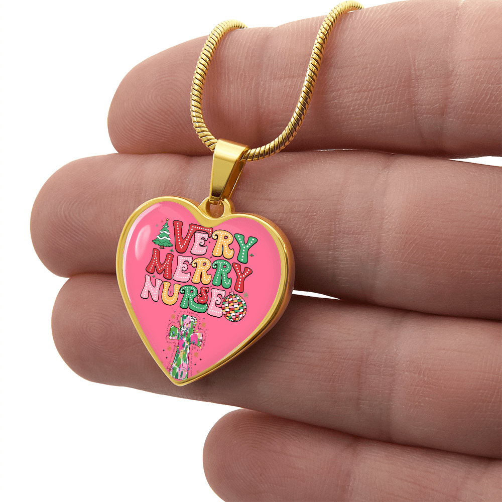 Pink Very Merry Nurse Heart Shaped Graphic Necklace