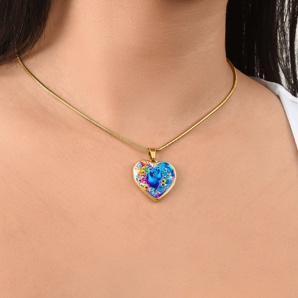 Colorful Peacocks Heart Shaped Graphic Necklace