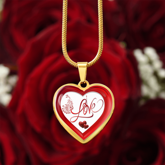 Red Love and Peacock Design Heart Shaped Luxury Graphic Necklace