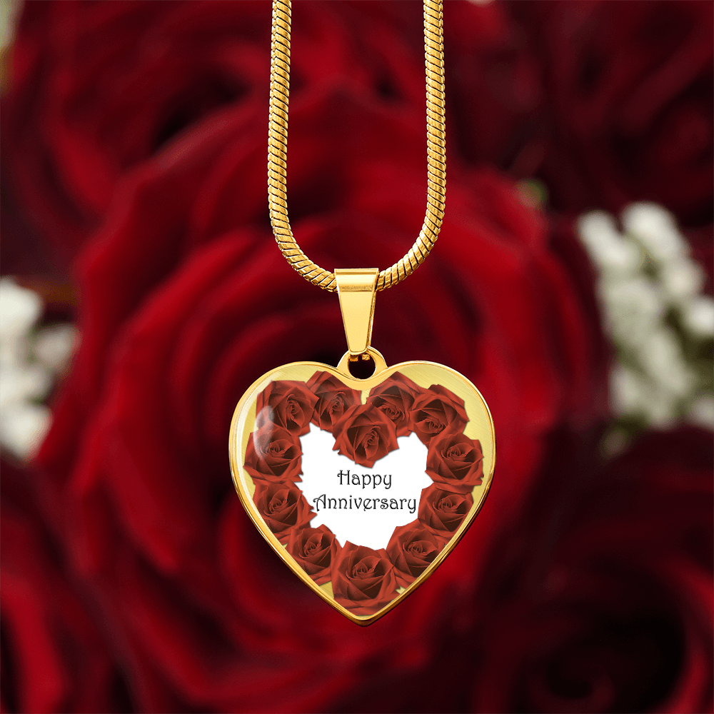 Heart Shaped Red Roses Happy Anniversary Graphic Necklace
