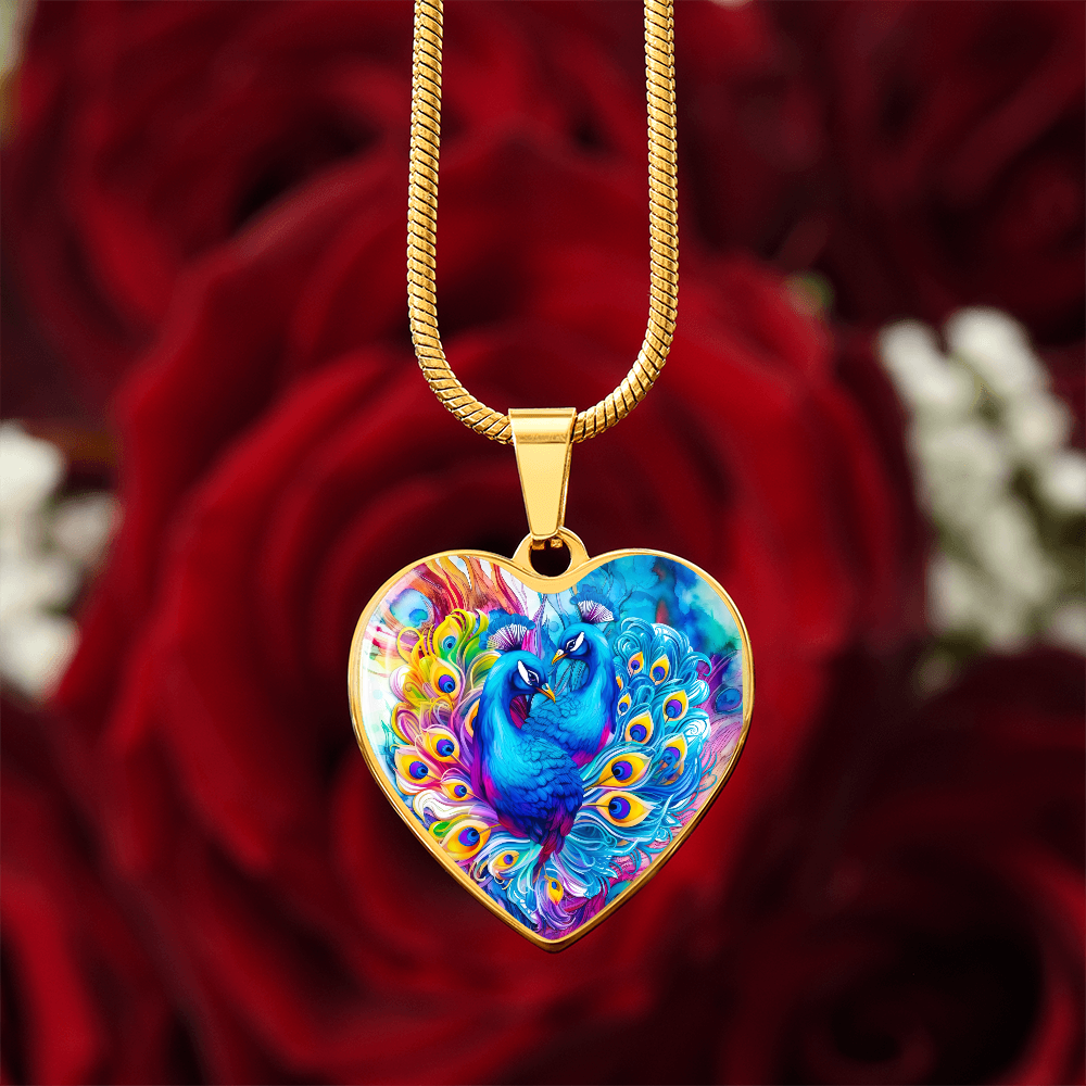 Colorful Peacocks Heart Shaped Graphic Necklace