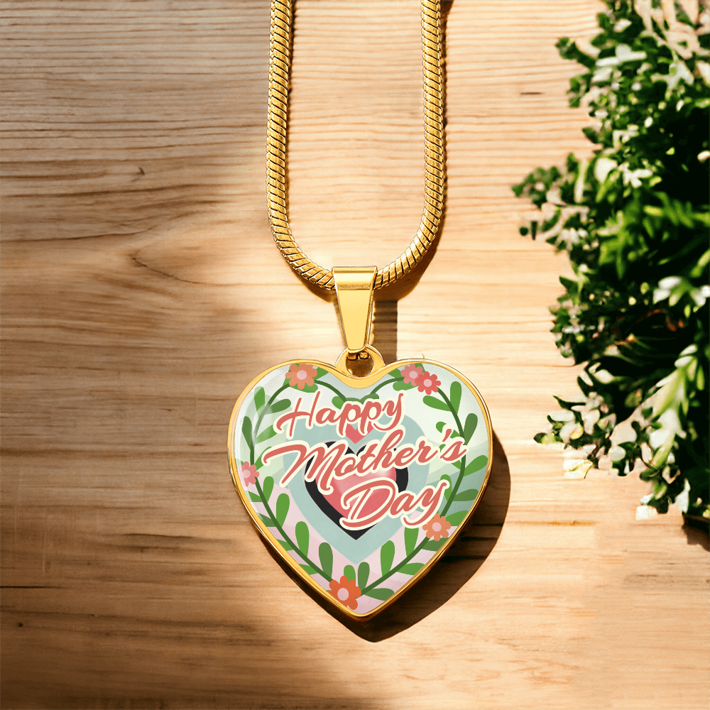 Happy Mother's Day Floral Heart Shaped Graphic Necklace