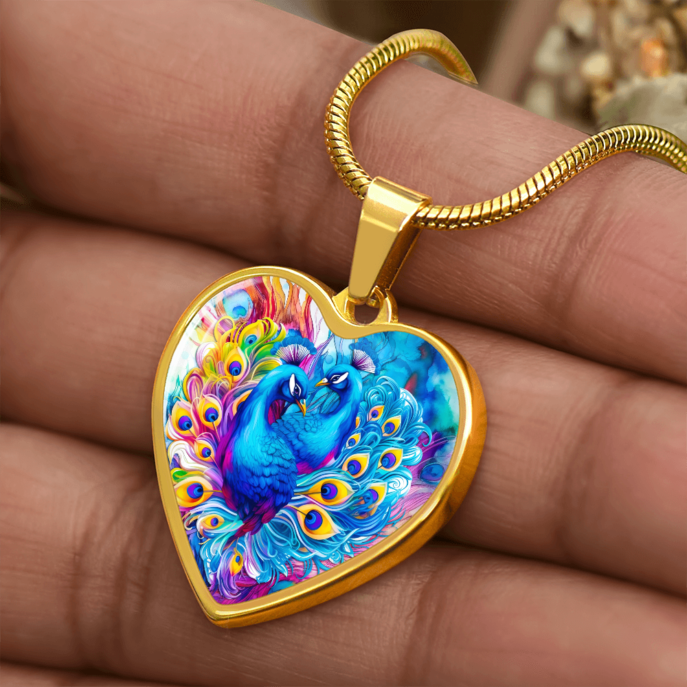 Colorful Peacocks Heart Shaped Graphic Necklace