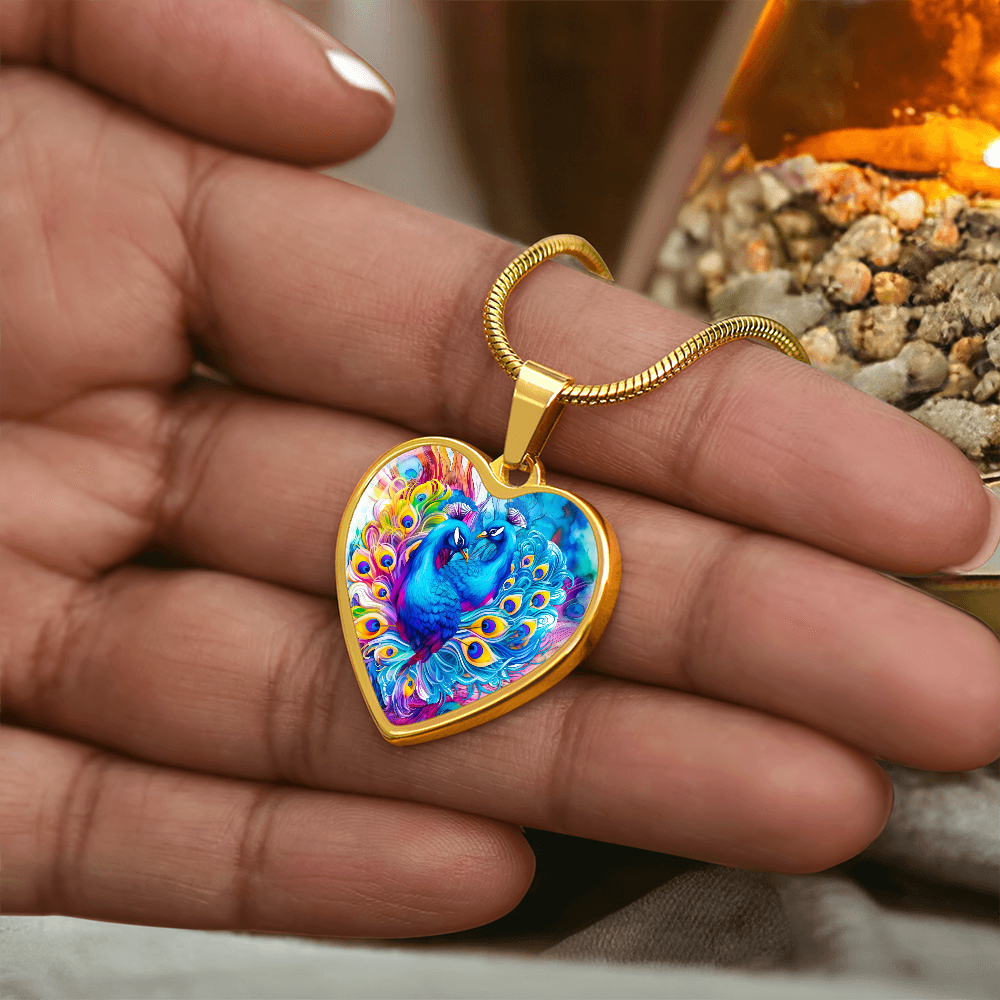 Colorful Peacocks Heart Shaped Graphic Necklace