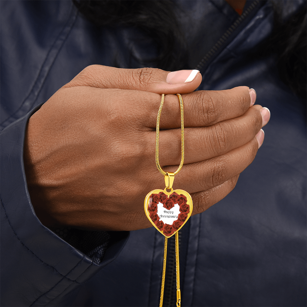 Heart Shaped Red Roses Happy Anniversary Graphic Necklace
