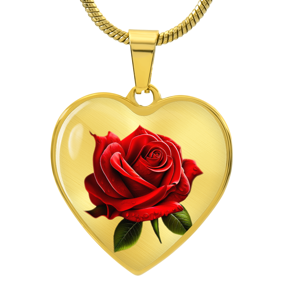 Heart Shaped Red Rose Graphic Pendant & Necklace