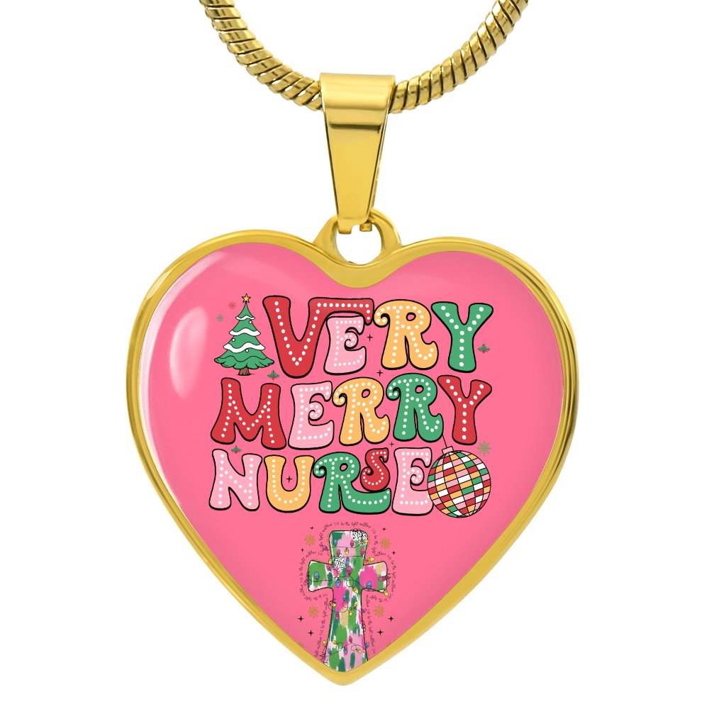 Pink Very Merry Nurse Heart Shaped Graphic Necklace