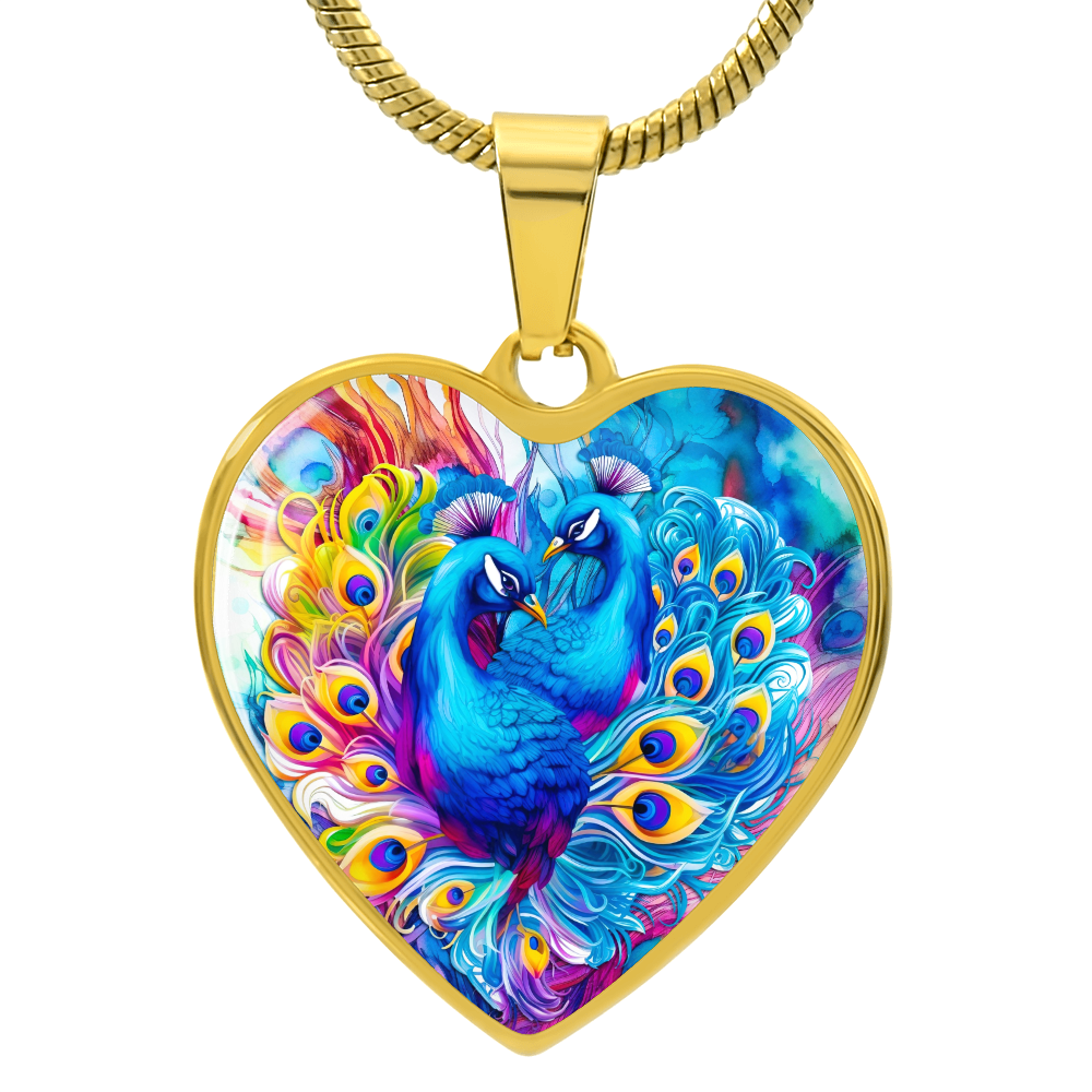 Colorful Peacocks Heart Shaped Graphic Necklace