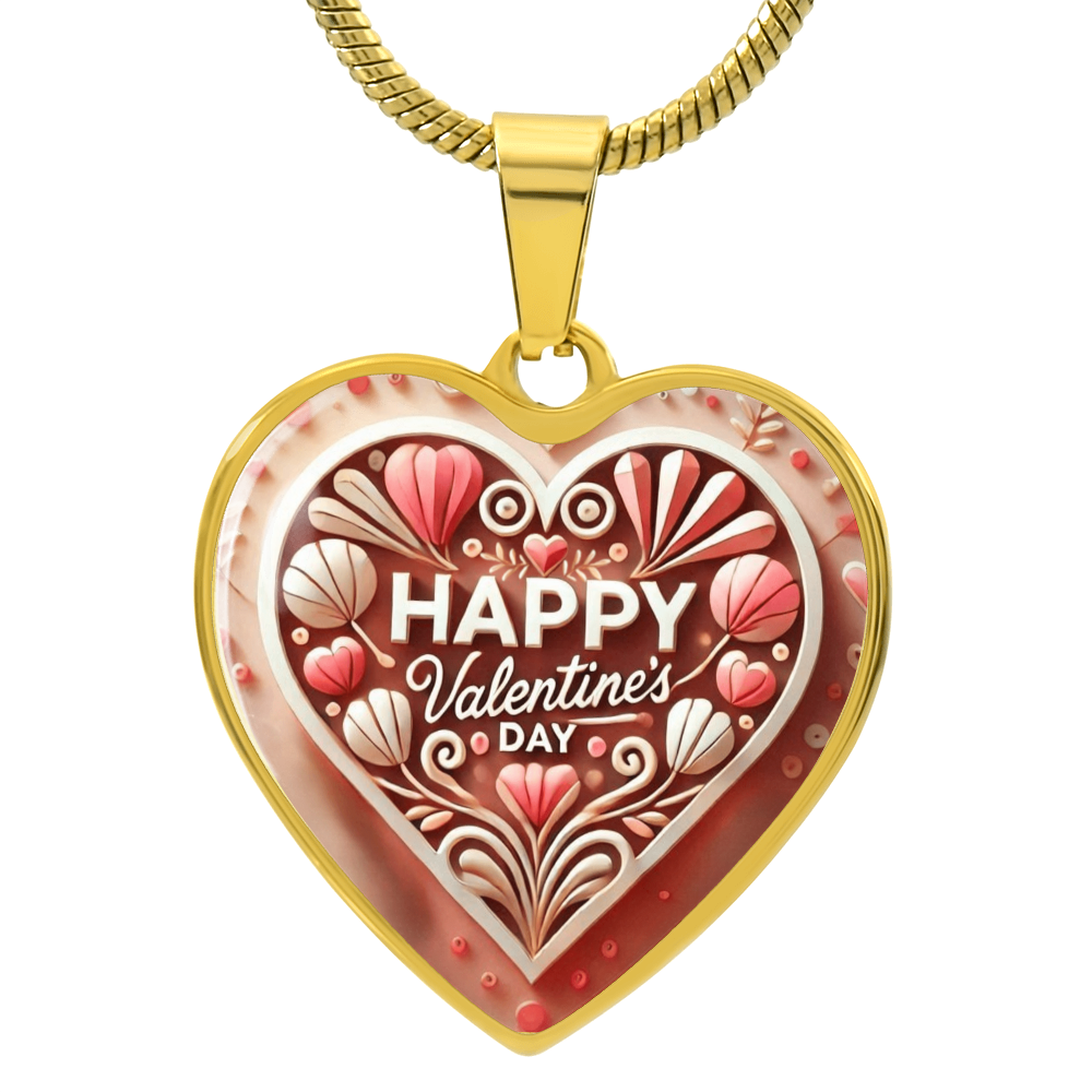 Happy Valentine's Day Wooden Look Heart Shaped Graphic Necklace