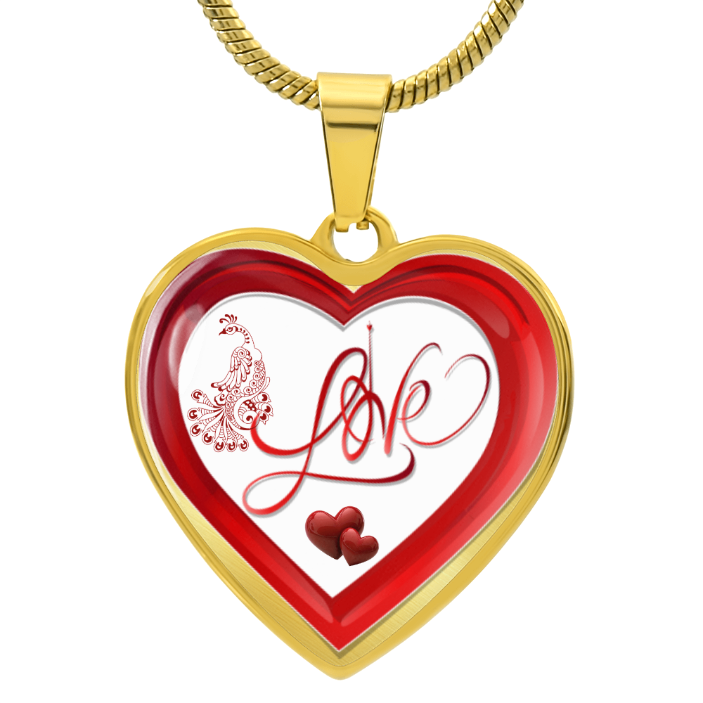Red Love and Peacock Design Heart Shaped Luxury Graphic Necklace
