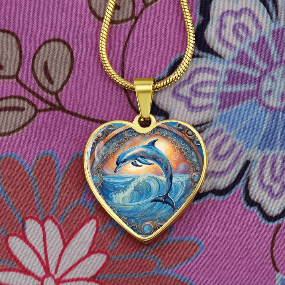 Playful Dolphin Heart Shaped Pendant and Necklace