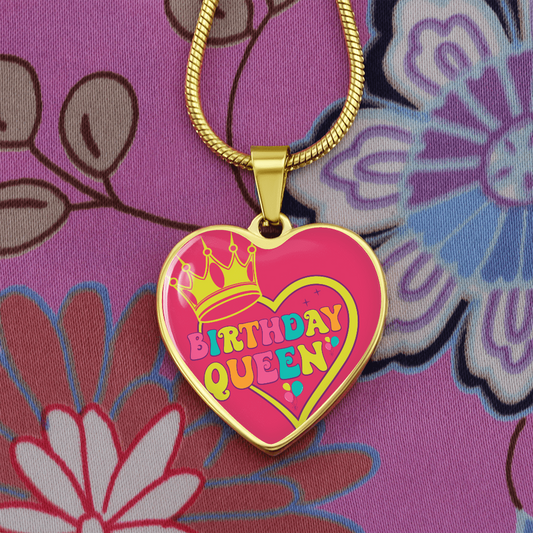 Hot Pink Birthday Queen Heart Shaped Graphic Necklace