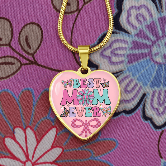Best Mom Ever Pink Heart Shaped Graphic Necklace