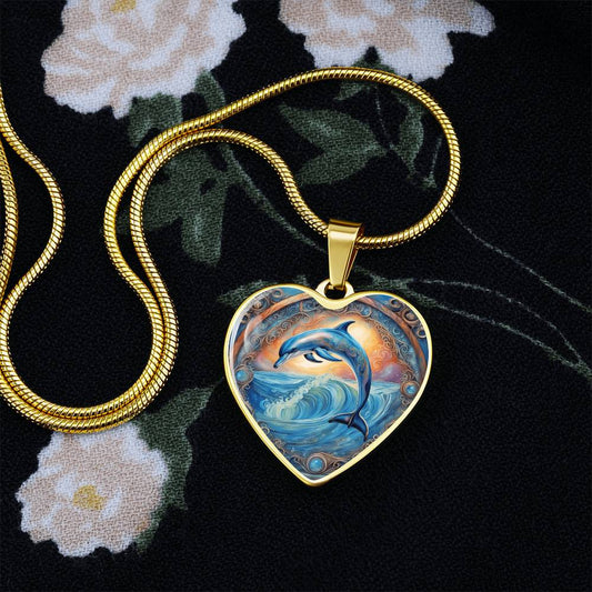 Playful Dolphin Heart Shaped Graphic Deluxe Necklace