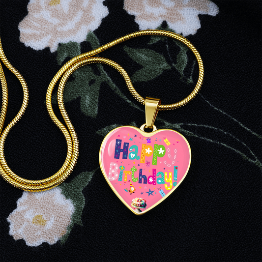 Heart Shaped Colorful Happy Birthday Graphic Necklace