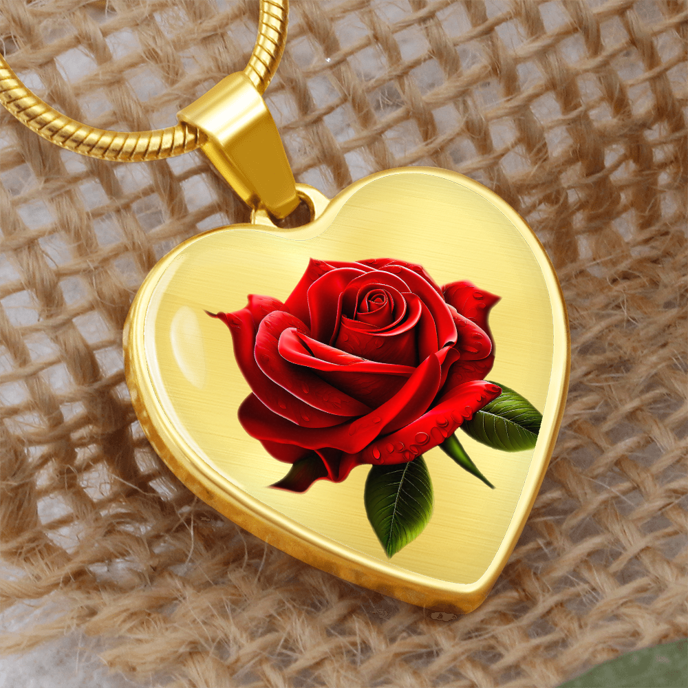 Heart Shaped Red Rose Graphic Pendant & Necklace