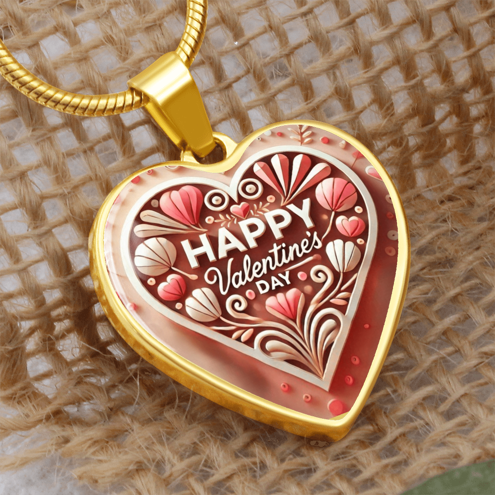 Happy Valentine's Day Wooden Look Heart Shaped Graphic Necklace