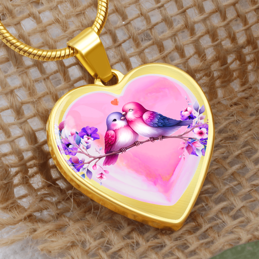 Love Birds on Heart-shaped Graphic Luxury Necklace