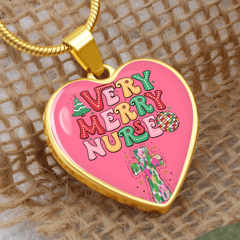 Pink Very Merry Nurse Heart Shaped Graphic Necklace