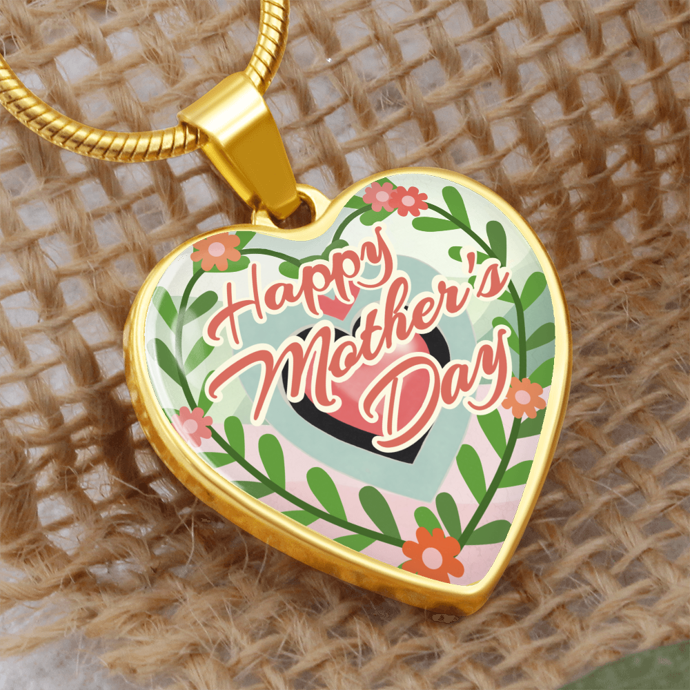 Happy Mother's Day Floral Heart Shaped Graphic Necklace