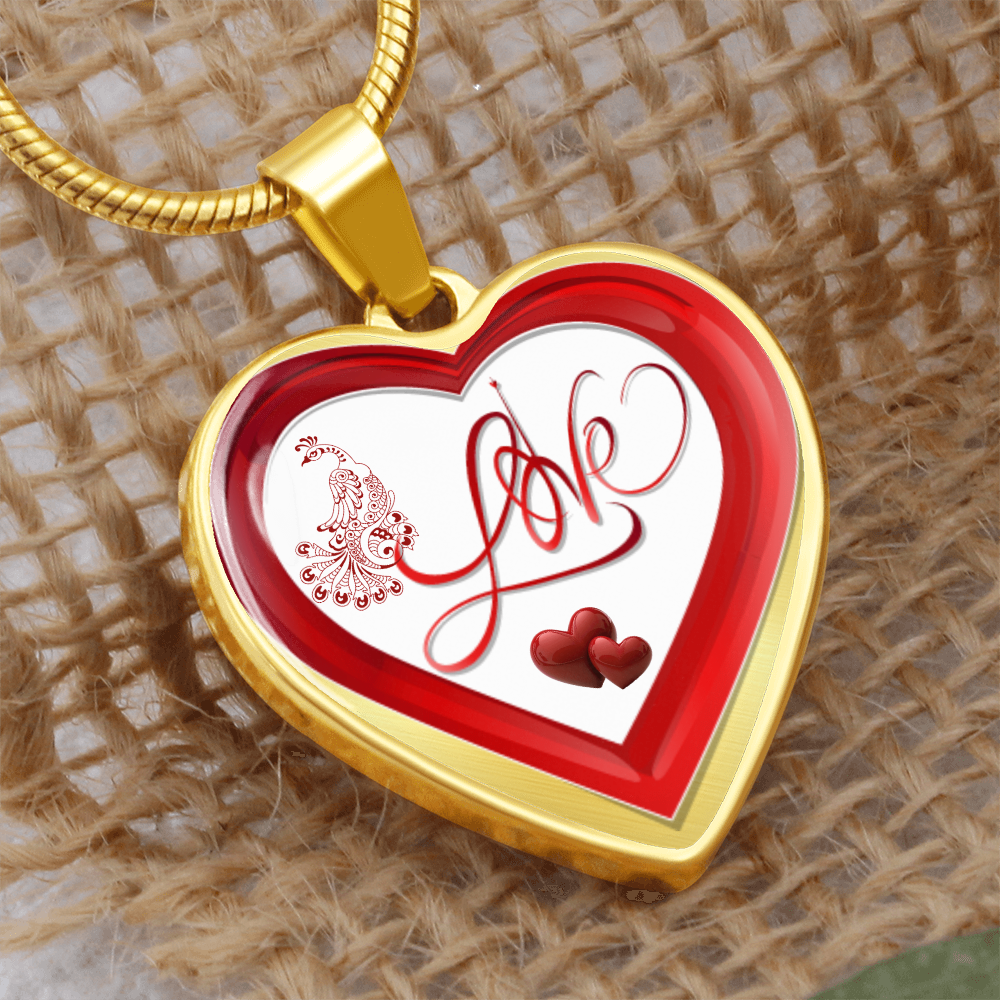 Red Love and Peacock Design Heart Shaped Luxury Graphic Necklace