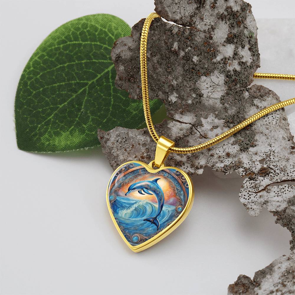 Playful Dolphin Heart Shaped Pendant and Necklace