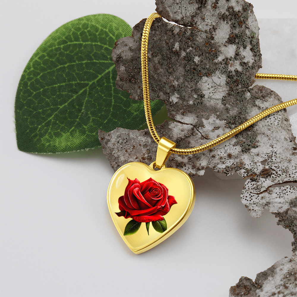 Heart Shaped Red Rose Graphic Pendant & Necklace