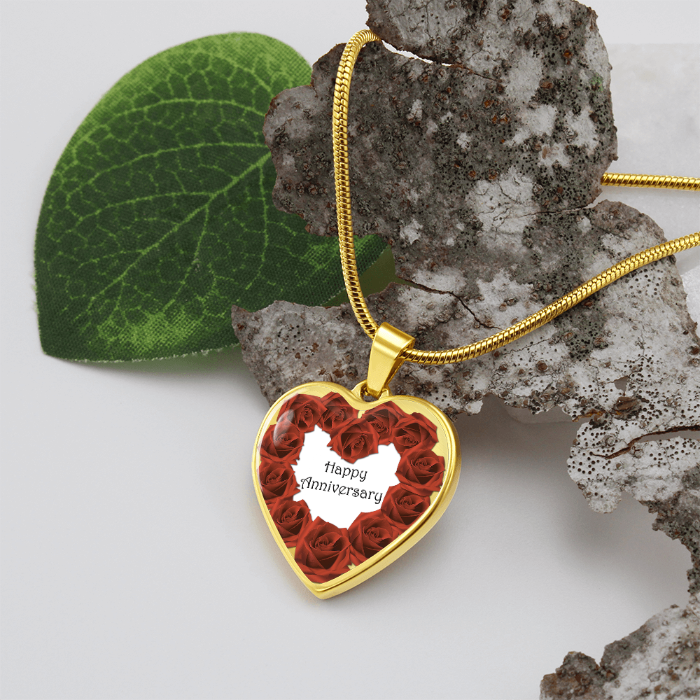 Heart Shaped Red Roses Happy Anniversary Graphic Necklace