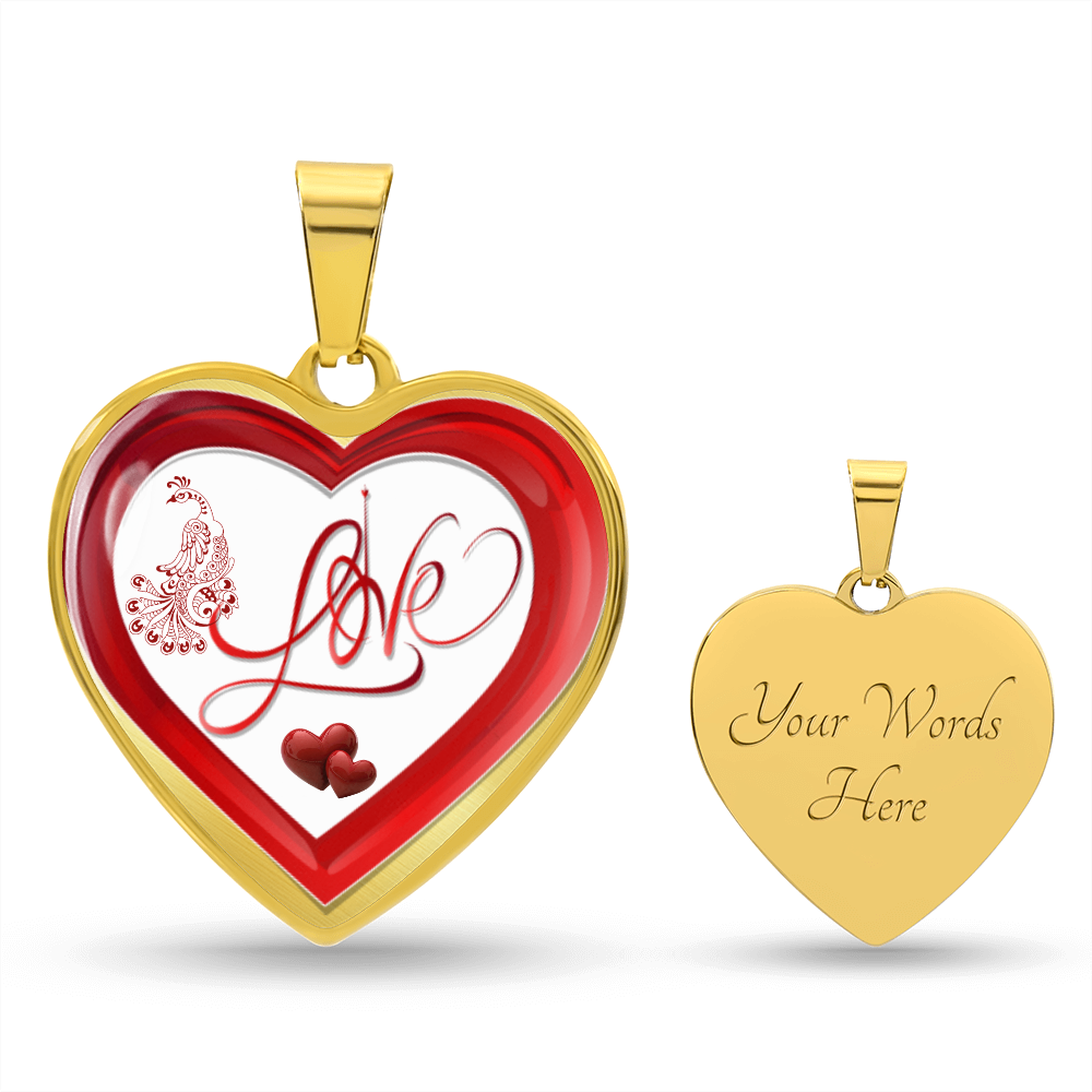 Red Love and Peacock Design Heart Shaped Luxury Graphic Necklace