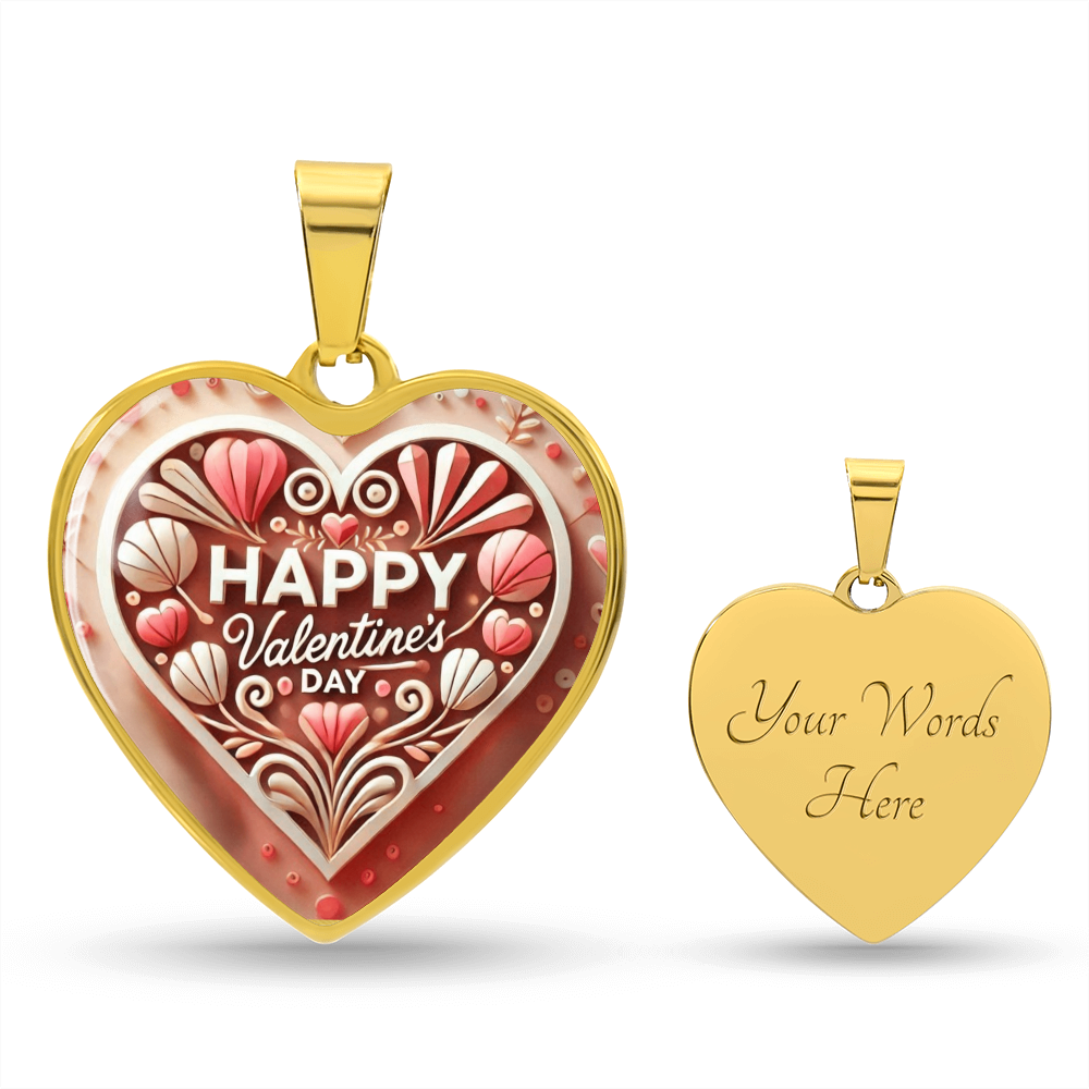 Happy Valentine's Day Wooden Look Heart Shaped Graphic Necklace