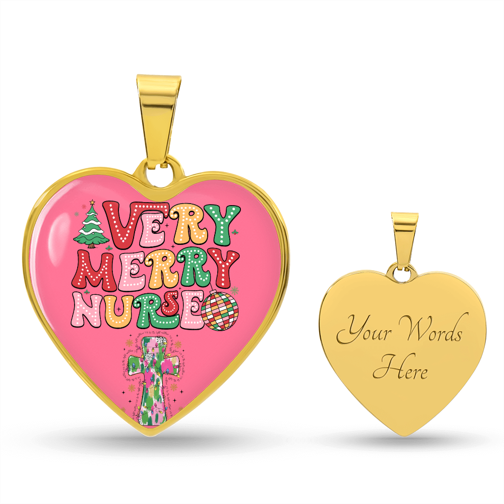 Pink Very Merry Nurse Heart Shaped Graphic Necklace