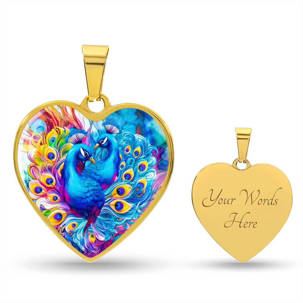 Colorful Peacocks Heart Shaped Graphic Necklace