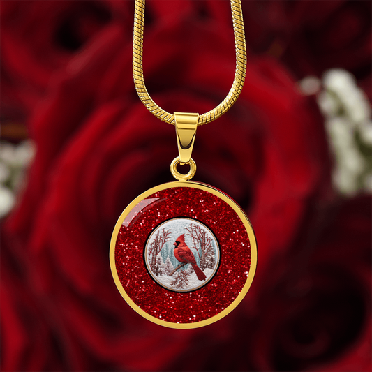 Red Bird in the Snow Faux Glitter Graphic Round Necklace