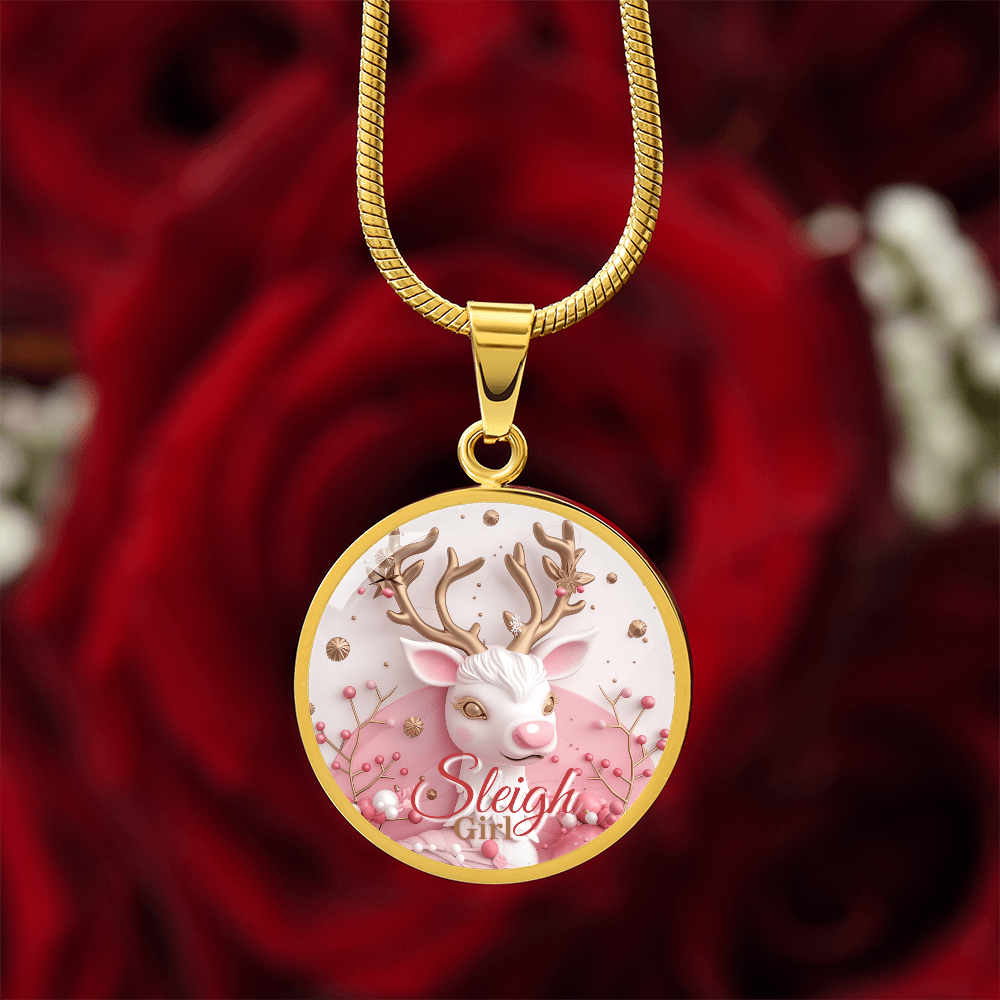 Christmas Pink Sleigh Girl Cute Reindeer Graphic Round Necklace