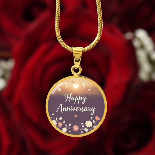 Happy Anniversary with Flowers Round Graphic Necklace