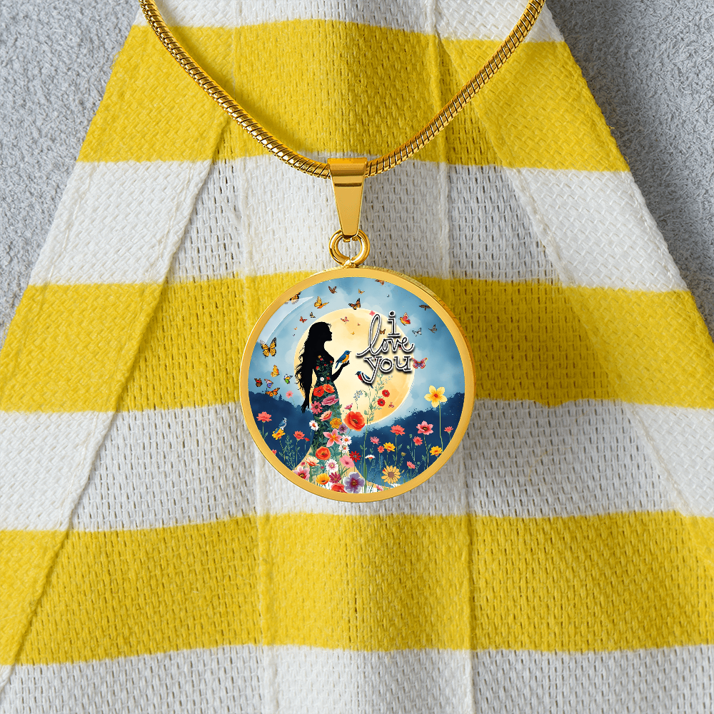I Love You Beautiful Woman Under a Full Moon Graphic Round Necklace